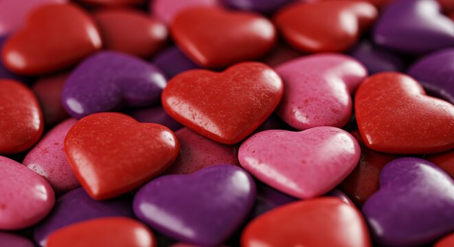 Close-up of colorful heart-shaped candies in shades of red, pink, and purple, arranged closely