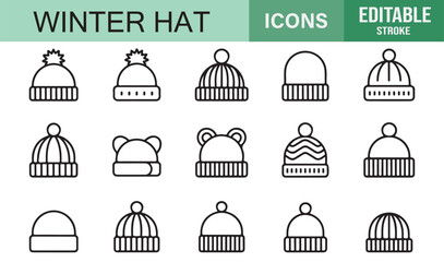 Fototapeta premium Knitted Wool Cap and Pom Pom Hat Icons | Vector Outline Collection for Winter Wear Illustration