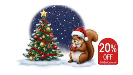 Festive Squirrel with Holiday Cheer: An adorable squirrel, adorned in a festive santa hat, sips from a cozy mug next to a decorated Christmas tree.