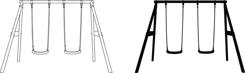 Playground swing set vector illustration, children outdoor play equipment, silhouette and line drawing comparison, flat design, cad drawing flat vector illustration