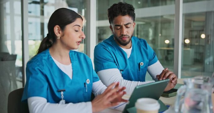 Conversation, healthcare and tablet with nurses in hospital together for feedback or review. App, discussion and planning with medical students in clinic for internship or residency research