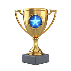 Golden trophy with blue star emblem isolated on transparent background