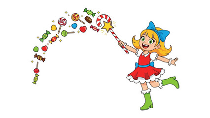 Candy Magic: A whimsical illustration of a joyful girl conjuring a sweet spell with a magic wand, surrounded by a delightful array of colorful candy and treats. 