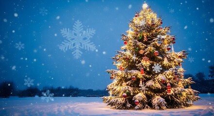 A beautifully decorated Christmas tree stands in a snowy landscape, illuminated by twinkling lights and falling snowflakes.