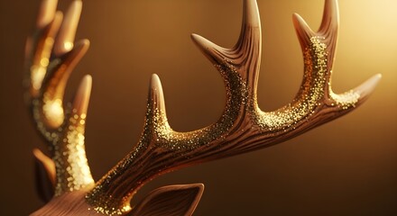 Close-up of ornate deer antlers, featuring gold accents, against a warm background.