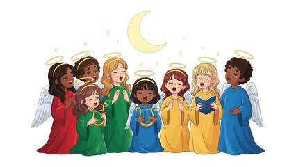 Celestial Chorus: A group of cherubic figures, each with a celestial halo, harmoniously sing under the soft glow of a crescent moon, embodying peace and spiritual harmony.