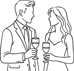 Elegant couple with wine glasses — line art