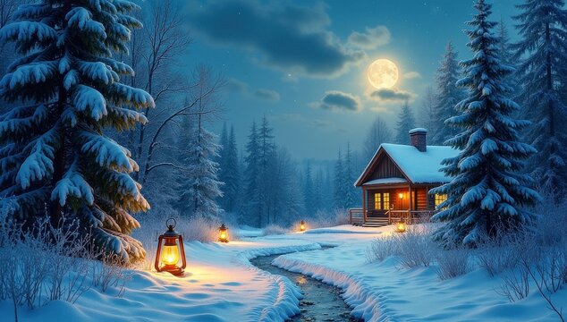 Atmospheric winter scene with snow-covered fir trees, lanterns along a path, and a distant cabin with warm glowing lights under a starry sky.