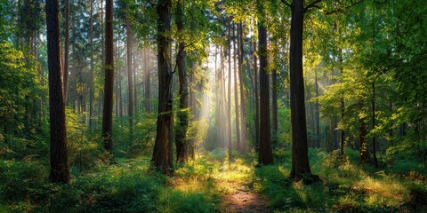 Naklejka premium Beautiful Forest with Sun Rays Shining Through Trees, Peaceful Nature Scene