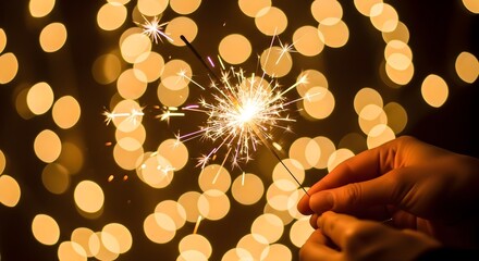 A person's hands hold a sparkler, illuminating with bright, festive lights.