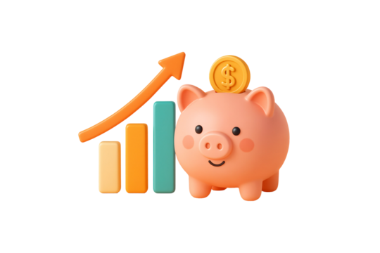 A 3D model rendering featuring a pink piggy bank and a growing bar chart, set against a neutral, transparent background.