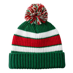 Green white and red striped knitted winter hat with pom pom isolated on transparent background