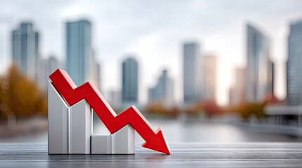 Red Downward Arrow Graph Symbolizing Financial Decline Overlooking City Skyline and Water Under Cloudy Sky