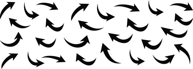 Different hand drawn curved arrows. Collection doodle marker curved arrows in different directions. Hand drawn vector direction pointers. Curved and wavy strokes arrows  texture pattern background