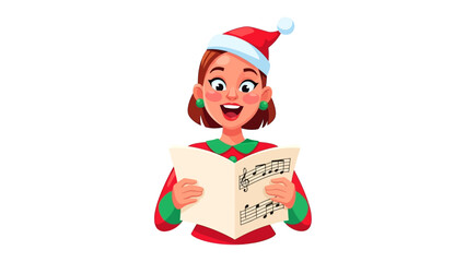 Christmas Caroler Joyfully Singing: A joyful woman adorned in a festive Christmas outfit sings carols from sheet music. Her expressive face and animated pose are perfect for holiday campaigns.