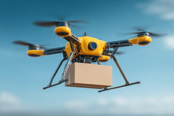 Yellow delivery drone in flight, carrying a cardboard box in clear blue sky, smart logistics concept