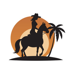 Cowgirl Sitting On Horse Under Palm Trees Silhouette