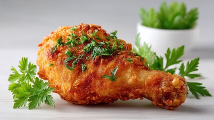Golden Brown Crispy Fried Chicken Leg Garnished With Fresh Parsley Sprigs Served On A Light Gray Textured Surface With Soft Natural Lighting