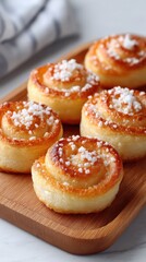 Golden Swirl Pastries With Sugar Sprinkles On Wooden Plate Close Up Appetizing Baked Goods Rustic Food Photography