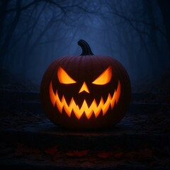 Fototapeta premium Glowing jack o lantern with menacing face in dark forest