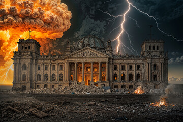 Apocalyptic Destruction of German Historic Government Building Amid War and Chaos, generative ai