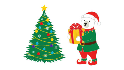 Festive Bear and Decorated Tree: A cheerful bear, dressed in a festive elf outfit, proudly presents a wrapped gift box next to a beautifully decorated Christmas tree.