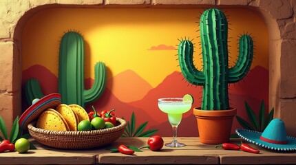 Mexican fiesta scene with tacos margarita and cacti