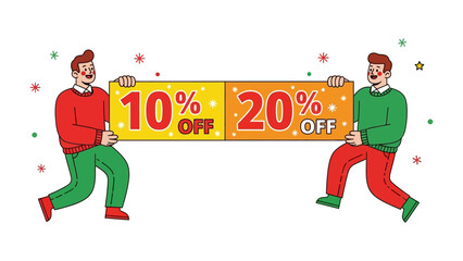 Discount Deal: Two individuals proudly present a promotional banner, showcasing tempting percentage discounts, set against a backdrop of festive adornments that elevate the appeal.