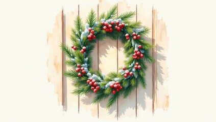 Festive watercolor wreath with pine branches, red berries, and subtle snow dusting on a wooden door, minimal background with space for text.