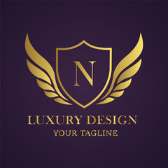 Sophisticated golden letter n logo with wings on a deep purple backdrop, symbolizing prestige and quality