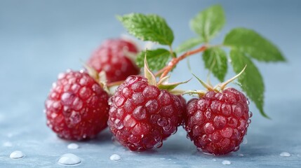Macro Close Up Of Fresh Red Raspberries With Water Droplets And Green Leaves On A Light Blue Textured Surface