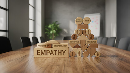 Wooden blocks symbolizing empathy and partnership, representing emotional intelligence, trust, and understanding in workplace leadership. This concept illustrates how empathy strengthens team collabor