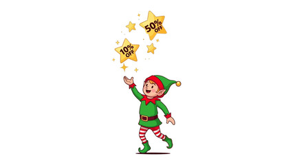 Magical Elf's Festive Deals: An enchanting elf joyfully reaches for twinkling star-shaped sale signs, highlighting exciting discounts. 
