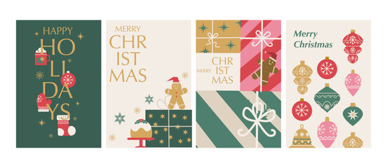 Set of Merry Christmas and Winter Holidays cards. Vector illustrations of winter drink, sock, ornaments, gifts, christmas cookie and cake. Modern minimal geometry backgrounds set.