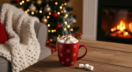 Enjoy steaming hot chocolate with marshmallows by the cozy fire during winter holiday