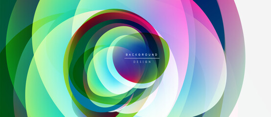Abstract colorful layers create dynamic circular design. Vibrant hues blend, forming modern background element. Smooth gradients suggest movement.