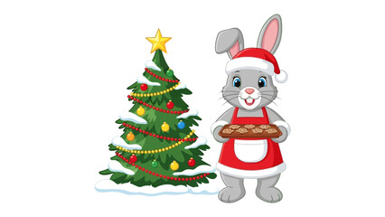 Christmas Bunny with cookies: A festive illustration showcasing a charming bunny dressed for the holidays. Alongside a decorated Christmas tree, it holds a tray of cookies.