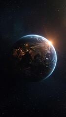 Fototapeta premium Sunrise over earth from space with glowing city lights