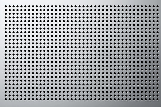 Silver perforated metal sheet with uniform circular grid, abstract industrial background, front view with gradient lighting