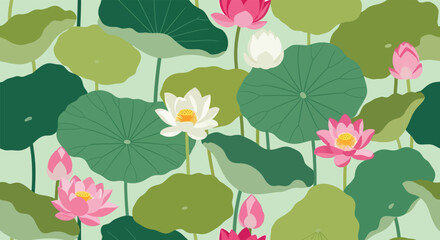 A vibrant illustration showcasing a seamless pattern of lotus flowers and lily pads.