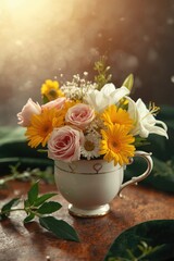Delicate floral arrangement in a vintage teacup with soft golden light creating a warm, inviting atmosphere for home decor