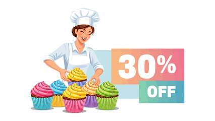 Bake Sale Bliss: A cheerful baker skillfully arranges a colorful array of cupcakes, enticing with a 30% off offer