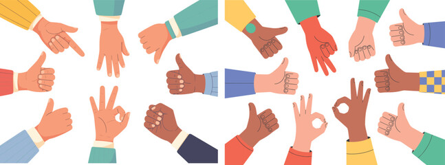Obraz premium Diverse Hands Gestures, Thumbs Up, and Communication Flat Vector Set