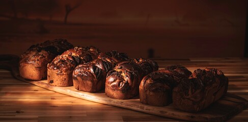 A lineup of freshly baked Romanian cozonac rests on a wooden board, highlighting its golden-brown crust and sweet fillings
