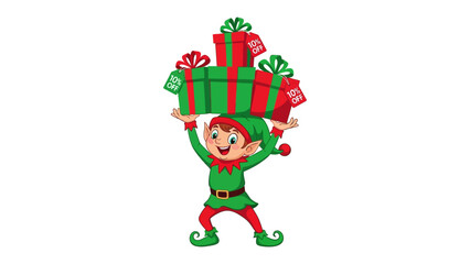 Festive Elf Bearing Gifts: A cheerful elf, clad in traditional attire, balances a stack of vibrantly wrapped gifts, symbolizing the joy and generosity of the holiday season.