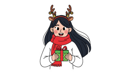 Festive Gifting: A charming illustration shows a person filled with Christmas spirit, holding a wrapped present. Smiling warmly, the figure is set for gift-giving season. 