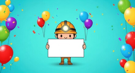 Cartoon miner holding a blank sign, surrounded by colorful balloons and confetti on a teal background.
