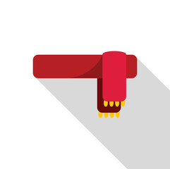 Red towel hanging on a horizontal bar, creating a long shadow, ideal for bathroom, spa, or hotel concepts