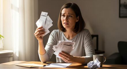 Woman holding unpaid bills with worried expression in living room, financial stress and debt management