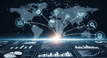 Global network connecting business icons with data charts over world map background design concept